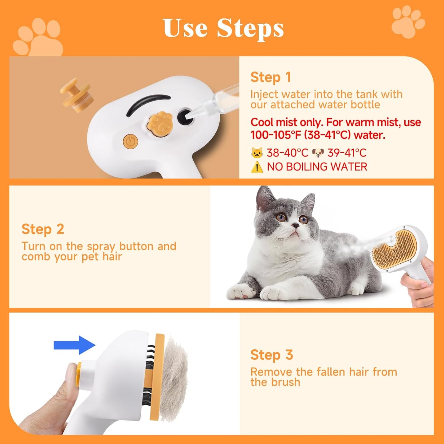 Cat Steam Brush, Pet Steam Brush for Cat & Dog, Mist Spray Comb, Spritz Defur Tool, Water Grooming Kit, Dog Hair Removal Steam Cleaner with Release Button