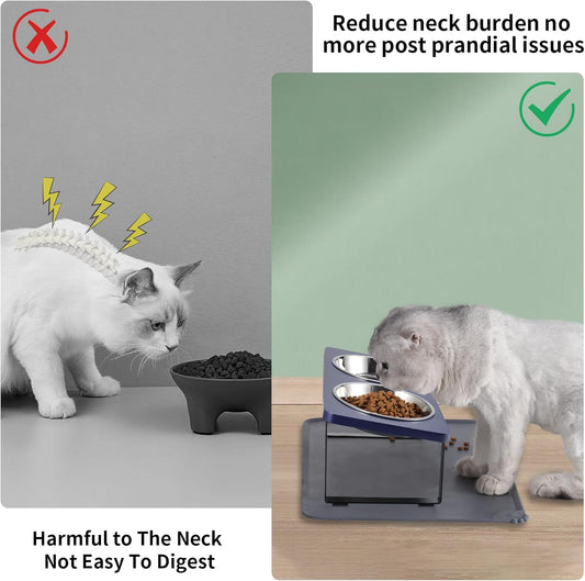 Upgraded Elevated Cat Bowls with Food Mat,15°Tilted Stand Anti Vomiting Raised Cat Dishes for Food and Water,2 Stainless Steel Bowls for Cats and Puppies（Navy Blue）