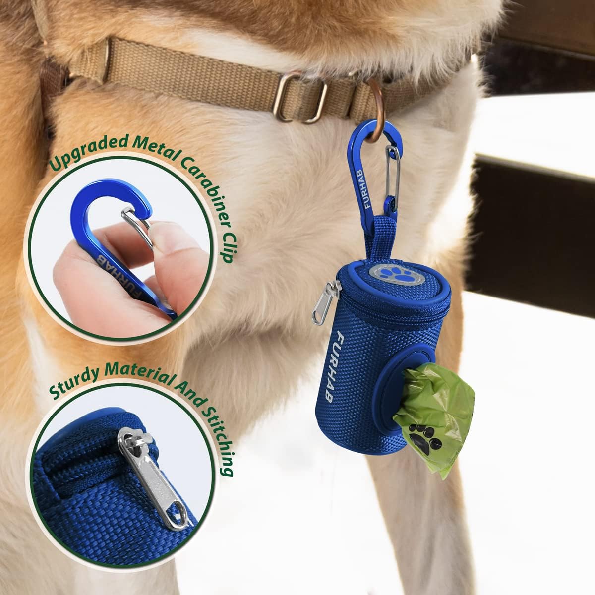 Dog Poop Bag Holder for Leash Doggie Waste Bag Dispenser Soft Fabric Puppy Potty Carrier Small Doggy Zipper Pouch with Carabiner Clip 1680D Nylon Oxford with 1 Roll of Pet Trash Bag, Royal Blue