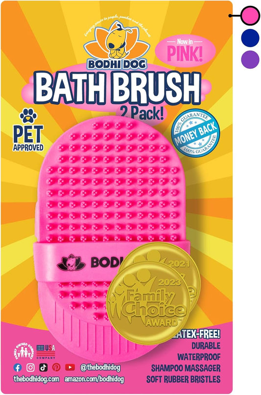 Bodhi Dog Shampoo Brush - Pet Grooming & Bath Supplies for Dogs and Cats - Bath Brush for Long & Short Hair - Premium Scrubber for Shower, Bathing & Massage (Two Pack, Pink)
