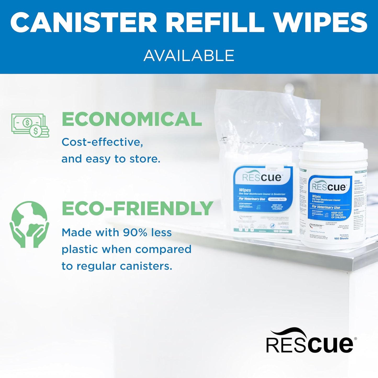 REScue One-Step Disinfectant Cleaner & Deodorizer Wipes for Vet Use – Cleaner for Kennels, Litter Boxes, Vet Offices, Pet Grooming Surfaces – Wipes Canister, 160-Count (Pack of 12)