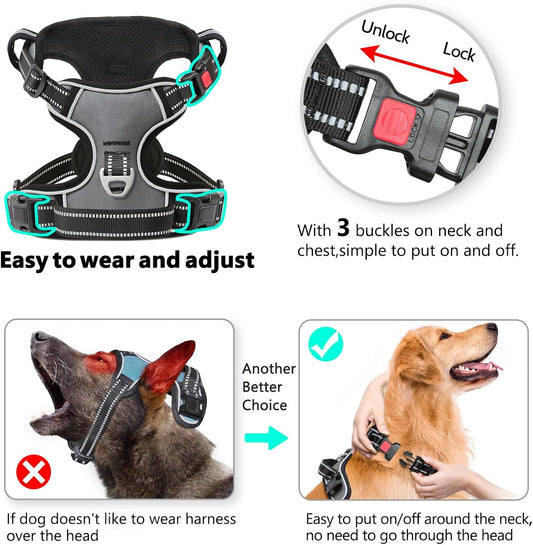 Timos Dog Harness Large Sized, No Pull with Neck Lockable Snap,No Choke Front Clip Dog Reflective Harness,Adjustable Metal Rings 3 Buckles,Easy Control Handle for Large Dogs Gray XL