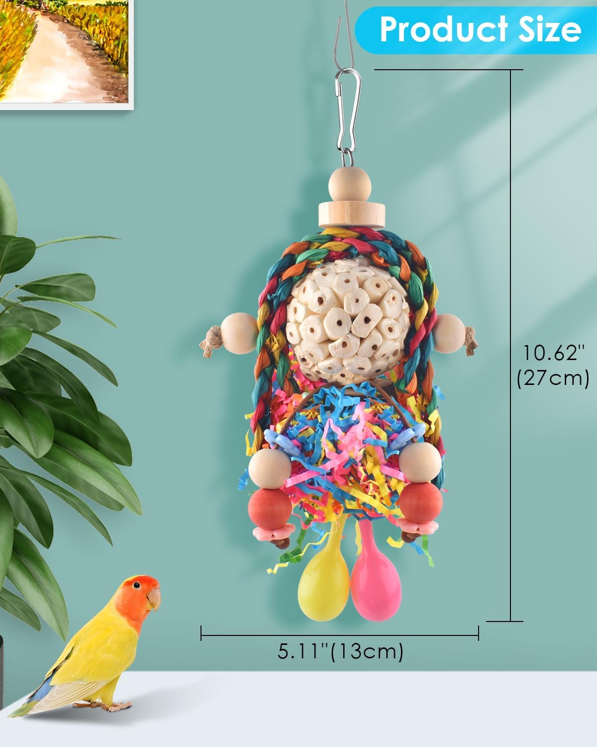 Bissap Conure Toys, 2PCS Bird Parrot Foraging Shredder Hanging Toys Sola Balls with Sand Hammer for Small Parrots Parakeets Conures Cockatiels Love Birds Cage Toy