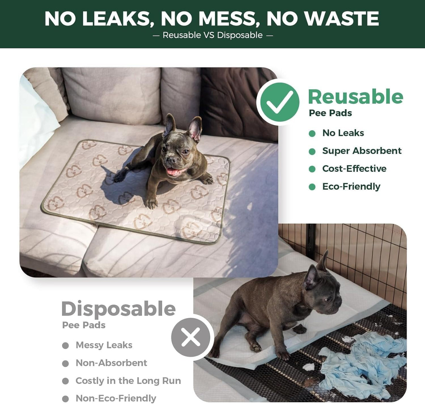 FXW Washable Pee Pads for Dogs, Puppy Pads with Super Absorbent, Specifically Designed for 18inch Cages, 17" × 11" Rectangle, Khaki, 2 Packs