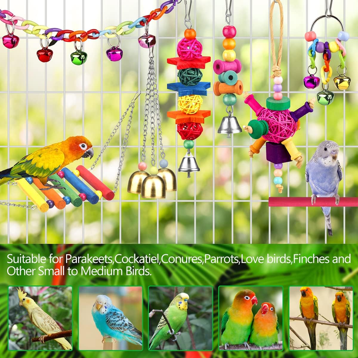 Bird Toys for Conures with Colorful Ladder Hammock Bird Cage Accerious Bird Perch Stand Chewing Toys Hanging Bell for Parrot Parakeet Cockatiel Lovebirds