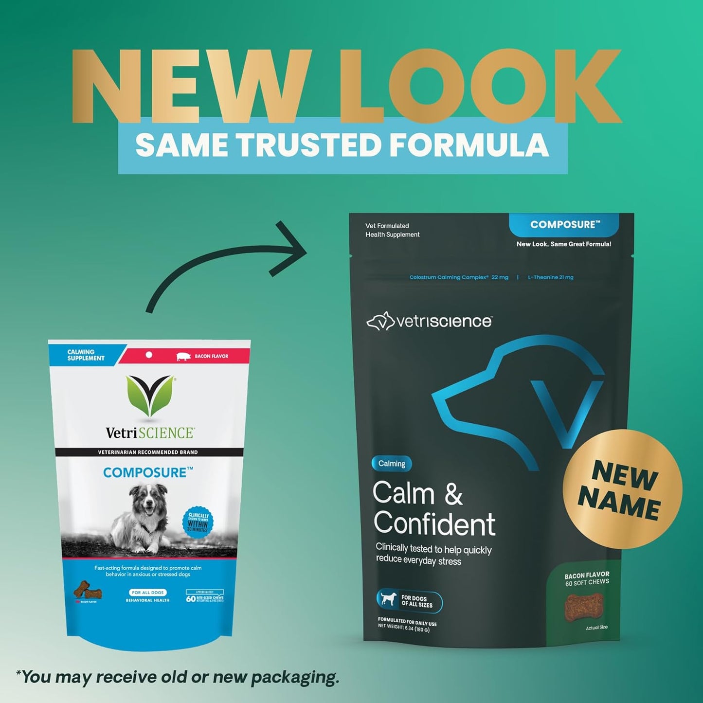 VetriScience Calm & Confident Chews, Composure Clinically Tested Calming and Anxiety Supplement for Dogs, Reduce Stress and Fear, Ideal for Thunderstorms, Fireworks and Travel, Bacon, 60 Count