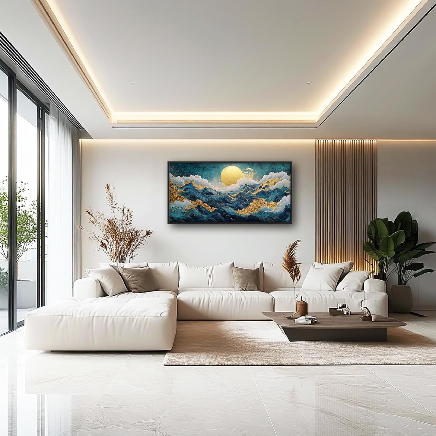 Framed Large Sun Mountain Wall Art, Oversized Teal and Golden Sun Wall Decor for Living Room, Abstract Landscape Canvas Painting Modern Artwork Home Decoration for Living Room Bedroom 60"x30"