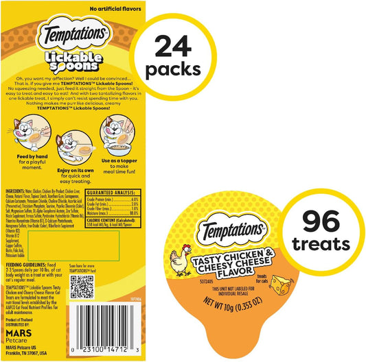 Temptations Lickable Spoons Adult Wet Cat Treat, Tasty Chicken and Cheesy Cheese Flavor, 4 Spoons, Pack of 24 (96 Total)