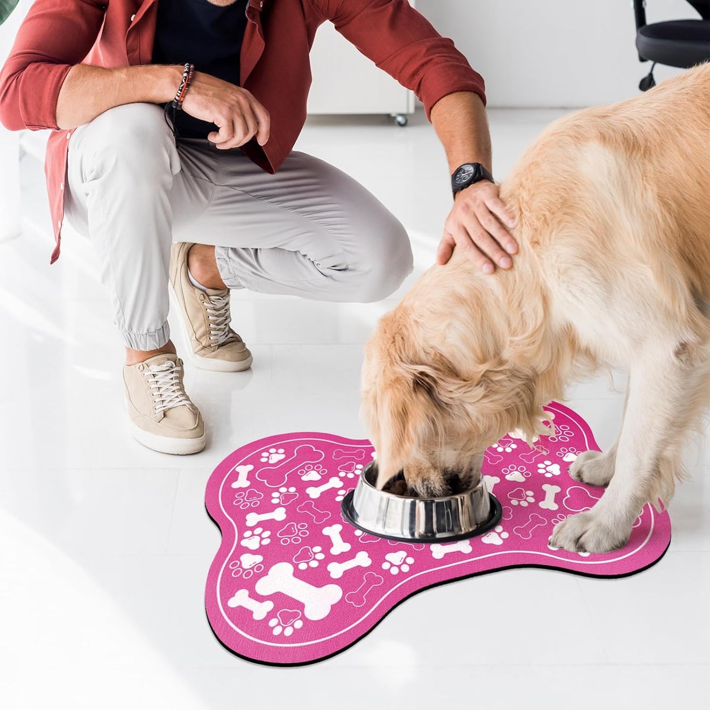 Dog & Cat Food Mat Bone Shaped Pet Feeding Mat Quick Absorb Water Bowl Placemat with Rubber Backing Indoor Floor Stain Resistant Pet Accessory Supplies (Pink, 16x24 Inches)