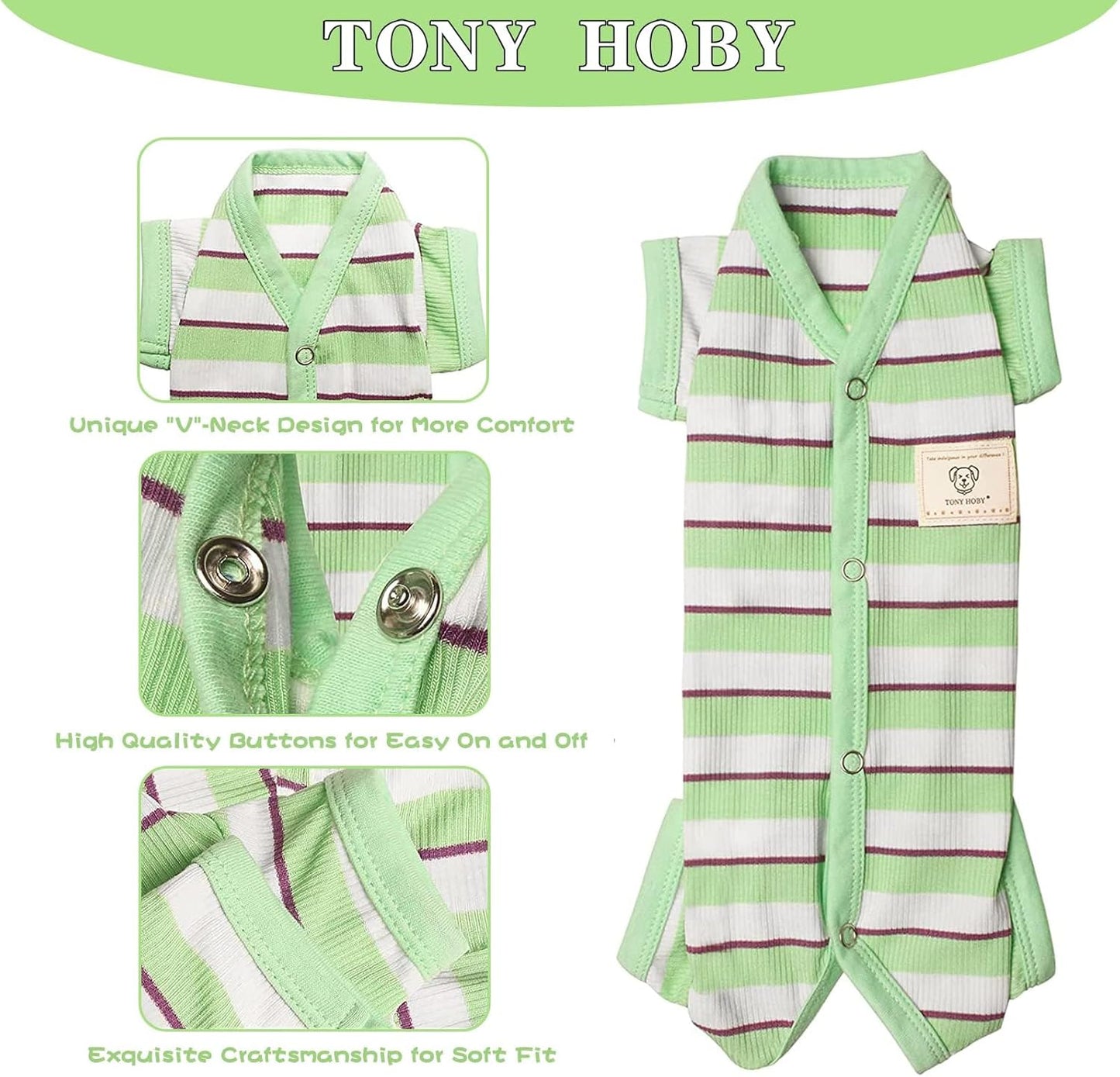 TONY HOBY Dog Pajamas, Male Dog Jumpsuit with Green Stripe, Dogs Clothes for Small Medium Size Dogs (Green&White, Boy, XS)