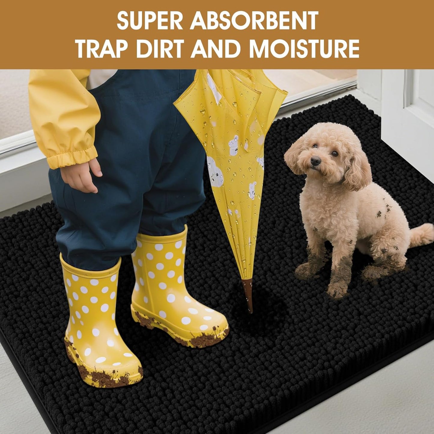 Dog Door Mats for Muddy Paws, Chenille Absorbent Door Mats, Non Slip Heavy Mud Mat for Dogs, Soft Indoor Door Mat for Entryway, Mud Paws, Inside Floor,36" X 24", Black