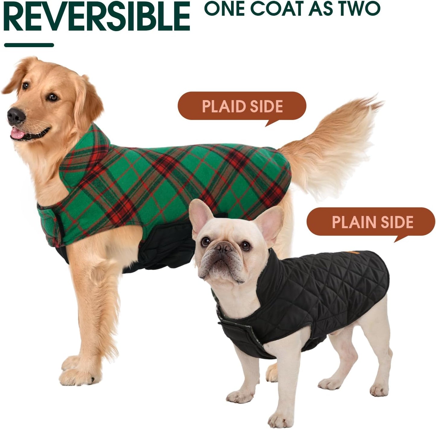 Kuoser Waterproof Dog Coat, Reversible Dog Jacket for Small Dogs, Adjustable Durable Doggie Winter Coat Warm Cozy Puppy Cold Weather Apparel from Small to Large Breed, Christmas Green S