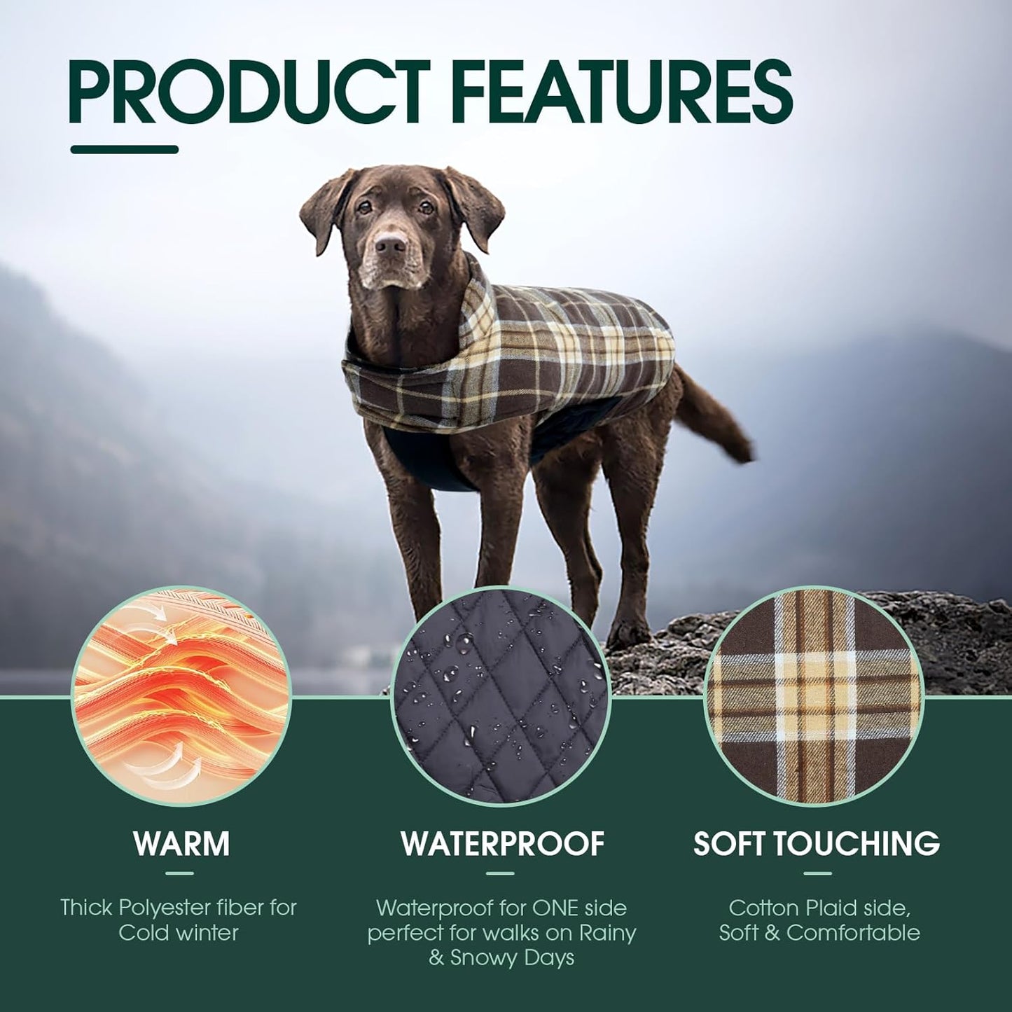 Kuoser Warm Dog Coat, Waterproof Dog Jacket for Extra Large Dogs, Adjustable Durable XXL Doggie Winter Coat Reversible Puppy Cold Weather Apparel from Small to Large Breed, New Brown XXL