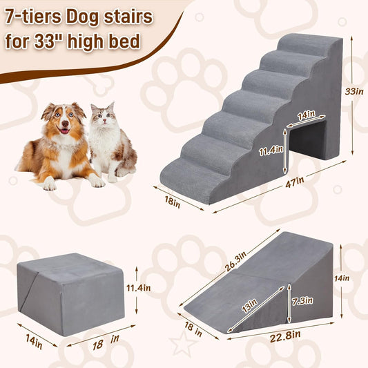 Dog Stairs & Steps for High Beds 30-36 inches High Tall, LitaiL 33inch 7 Steps Pet Stairs/Steps for High Beds Small Large Dogs, Non-Slip Dog Ramps/Ladder for Old Dogs/Cats