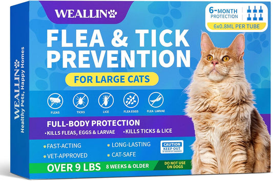 Flea and Tick Prevention for Large Cat, Fleas and Ticks Treatment for Cats Over 9 lbs, Topical Cat Flea Treatment, Fast-Acting & Long-Lasting Fleas Control for Cats, 6-Dose Supply
