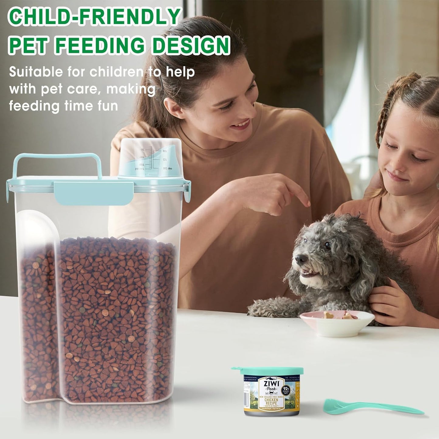 TBMax Pet Dog Cat Food Storage Container 5 to 7 lbs with Can Cover and Mixing Spoon, Airtight Bird Seed Container, Cat Food Storage Dispenser, Kibble Storage Dog Treat Bin -Light Blue