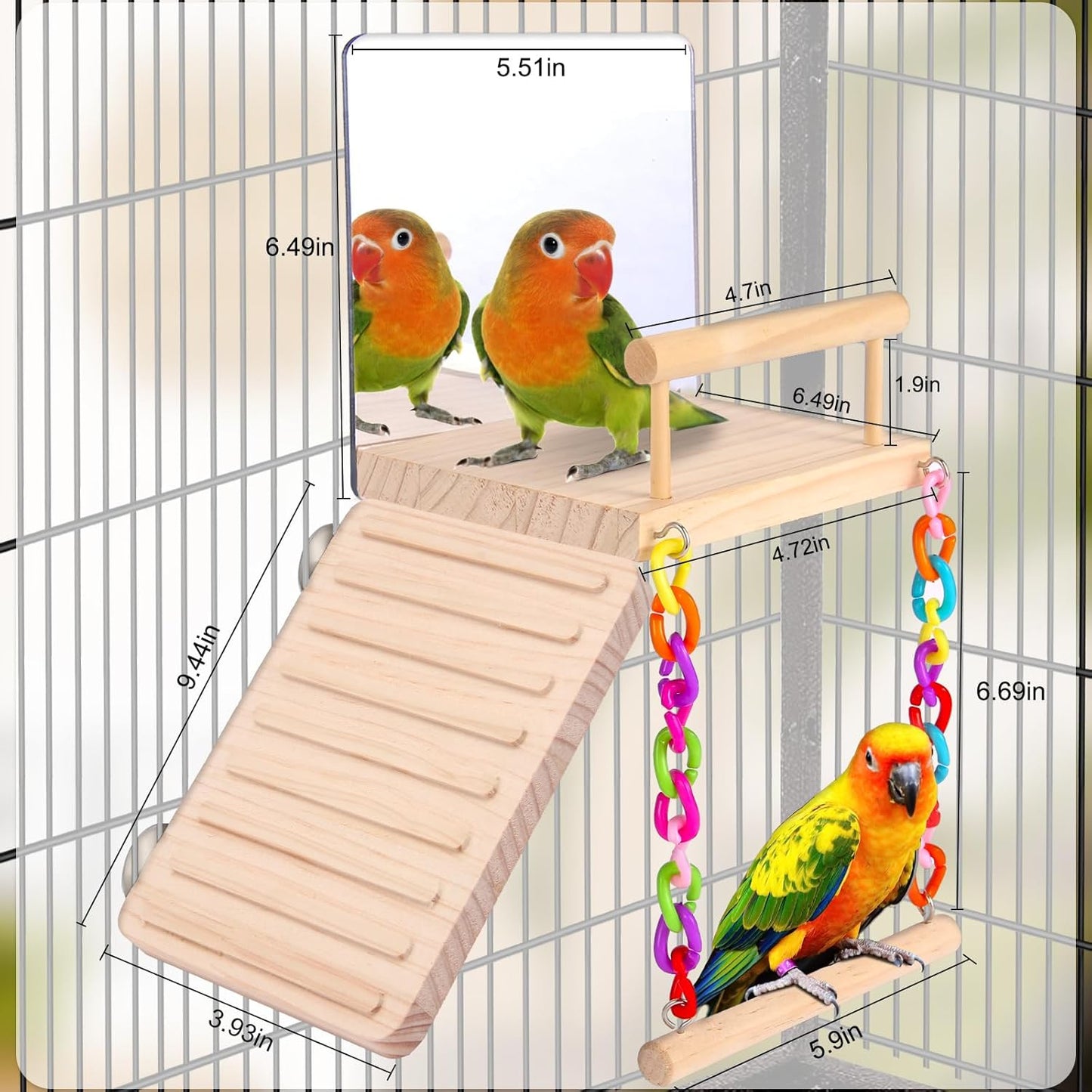 KyoukiBird Perch Platform Bird Toys with Bird Mirror Climbing Ladder Swing, Parakeet Cage Accessories - for Cockatiels, Lovebirds, Budgies,Pacific Parrotlets,Finch,Canaries - Wooden Play Gym