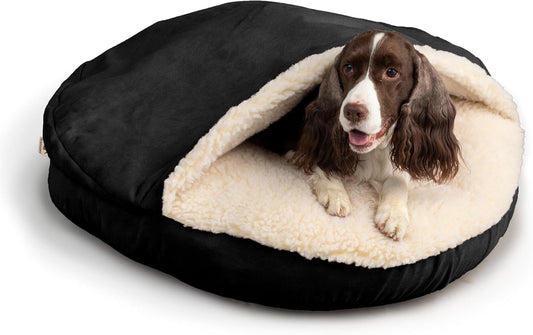 Snoozer Luxury Cozy Cave Dog Bed - Indoor Dog Bed with Cover Cave, Covered Calming Burrow for Small & Medium Sized Pets with Blanket Attached, Enclosed, Washable - Large, Black