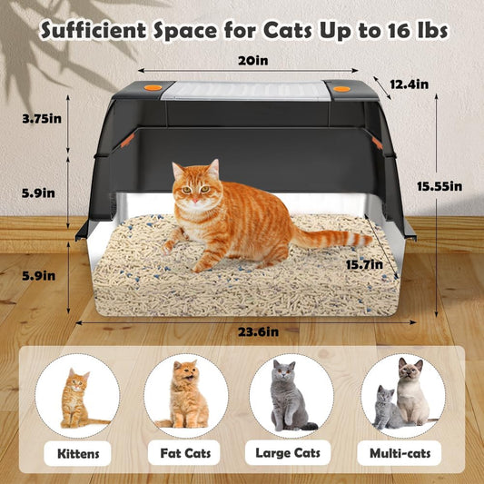 Vivifying Stainless Steel Litter Box, XL Side Entry Extra Large Litter Box with Lid for Big Cats & Kitty, Removable Enclosed Metal Cat Pan with High Sided Enclosure, Scoop, Mat, Footboard (Black)