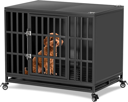 38 inch Heavy Duty Dog Crate with Self-Locking Latch, Indestructible Steel Large Kennel with Enclosed Design, Chew-Proof and Escape-Proof Pet Cage for High Anxiety Dogs