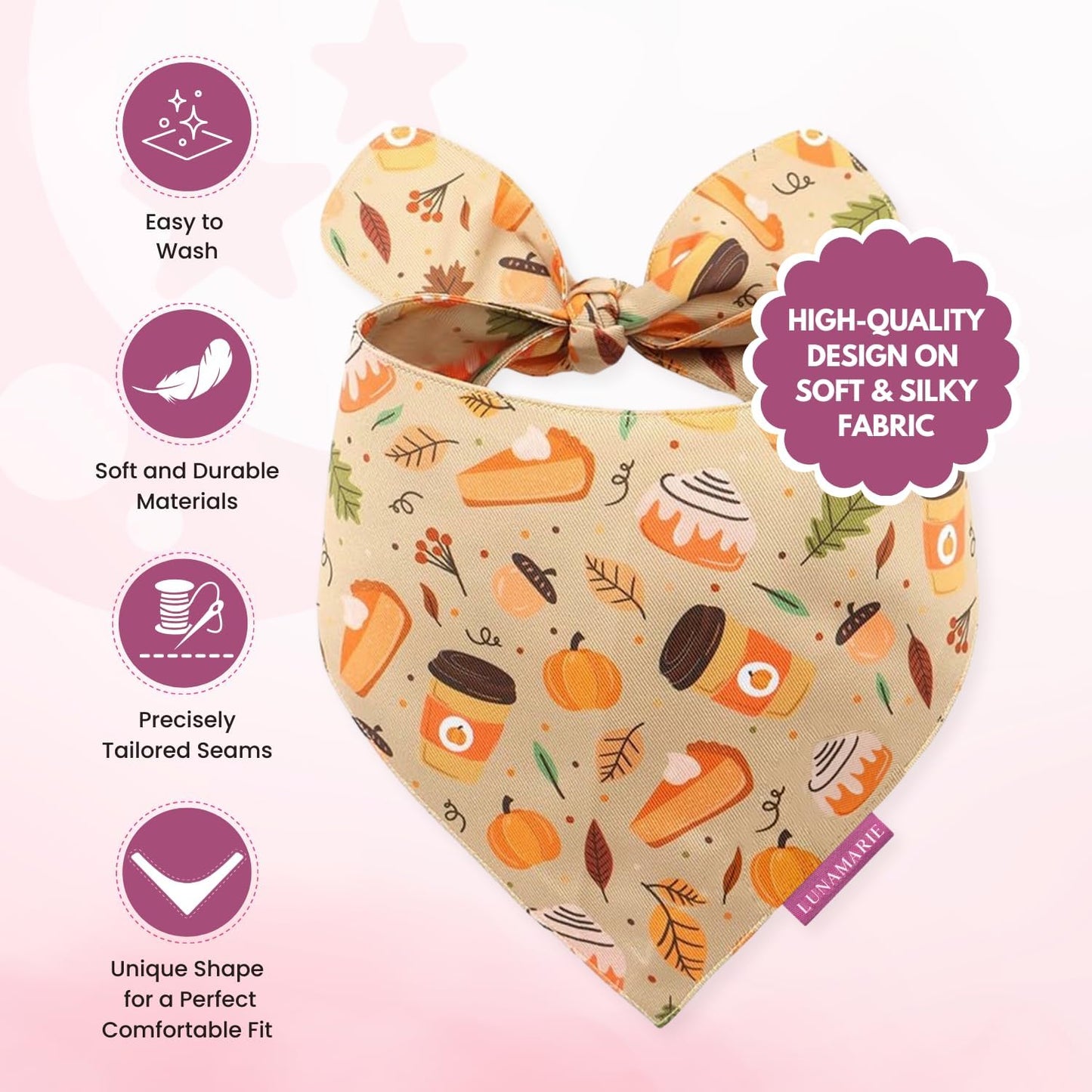 LunaMarie - Luxury Dog Bandanas - Pumpkin Spice Fall Design | Premium & Silky Poly Fabric | 100% Handmade Quality | Custom Shape Dual Layered Reversible Small, Medium, Large Pet (Fall Sweets, Large)