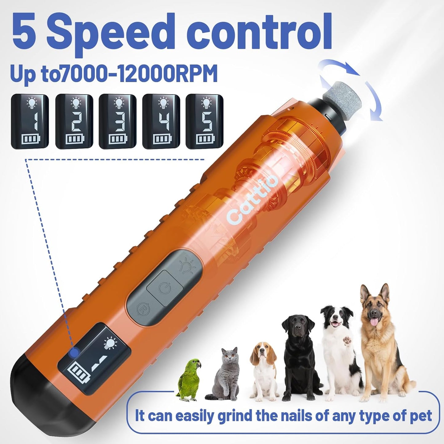 Dog Nail Grinder - Professional Electric Dog Nail Trimmer for Dogs & Cats Quiet Painless Grooming & Smoothing Dog Nail Clipper & File Included - Suitable for Small Medium Large Pets (Orange)