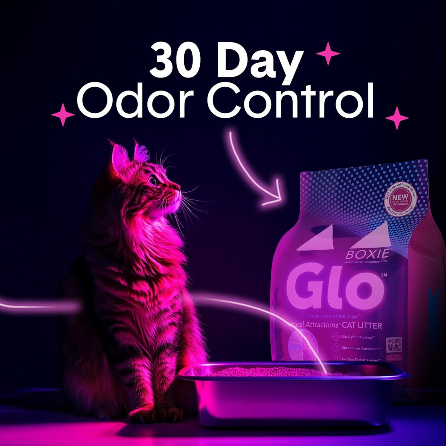 Boxie® Glo™ 30 Day Odor Control Clumping Clay Cat Litter, 28lb, Multi-Cat, 99.9% Dust-Free, Low Tracking, UV Light Attractant, Superior Clumping for Easy Scooping