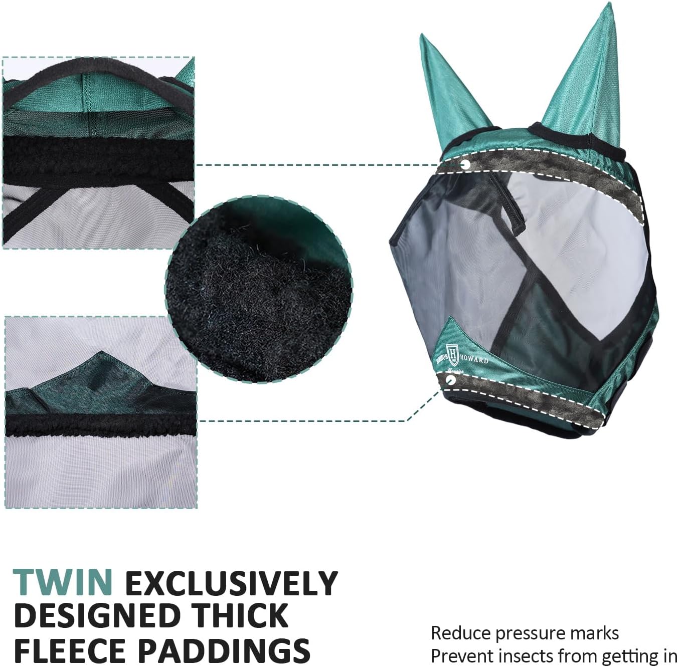 Harrison Howard Pro Luminous Horse Half Face Fly Mask Large Eye Space with Ears UV Protection for Horse Hunter Green XL