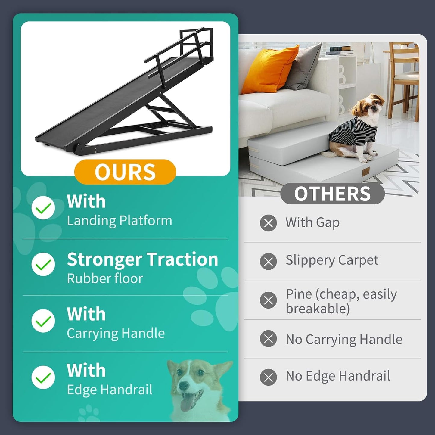 Dog Ramp, 5 Level Adjustable Height Folding Pet Ramp for High Bed, Portable Paw Ramps Large Bed Ramp for Medium & Large Old Dogs & Cats - Natural Wood Furniture Quality