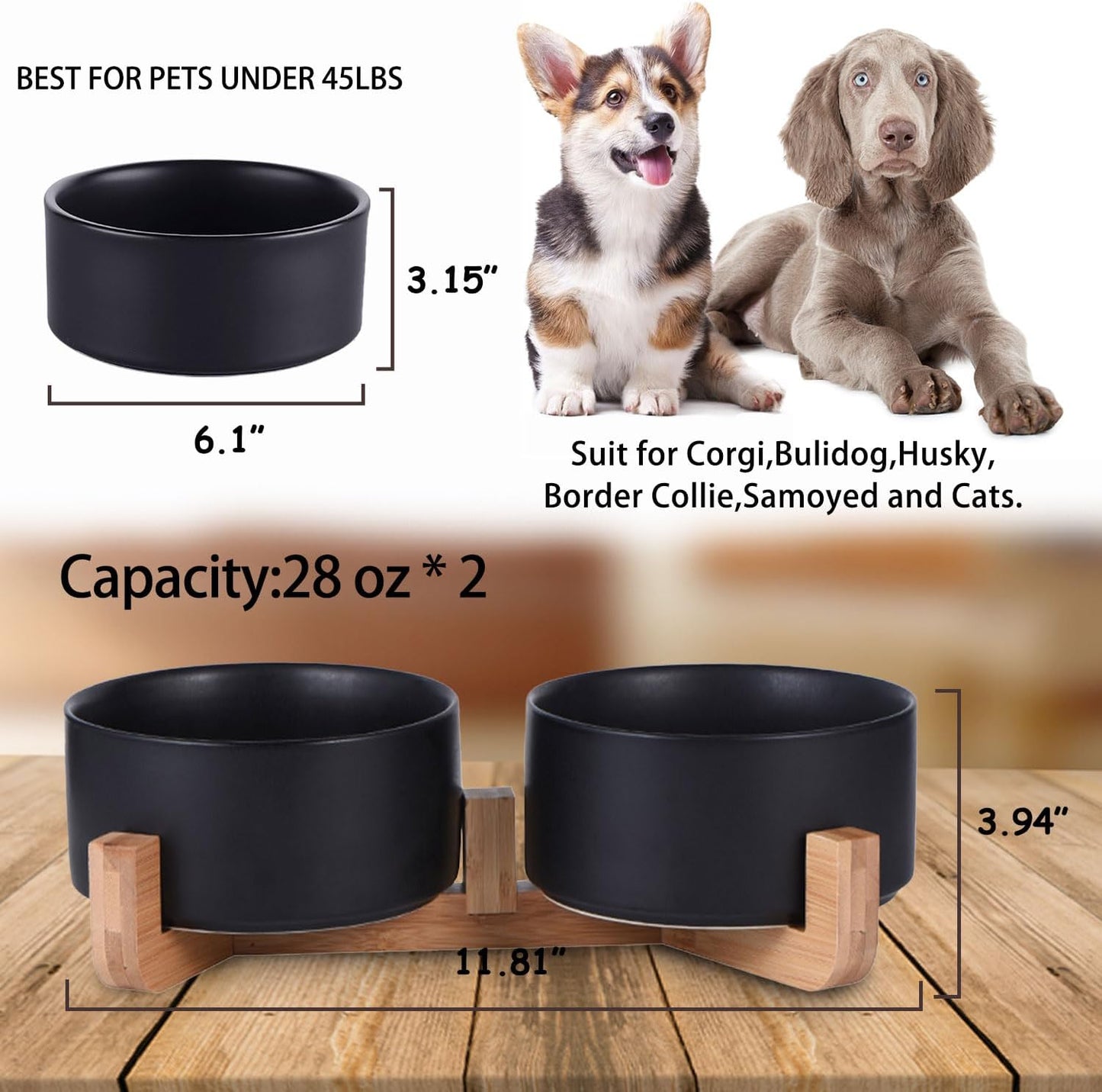 Petygooing Dog Bowls,Black Ceramic Cat Dog Bowl Set with Wood Stand for Food and Water,Non-Slip Cute Modern Pet Dish Set for Cats Small and Medium Dogs (28OZ/6.1 in)