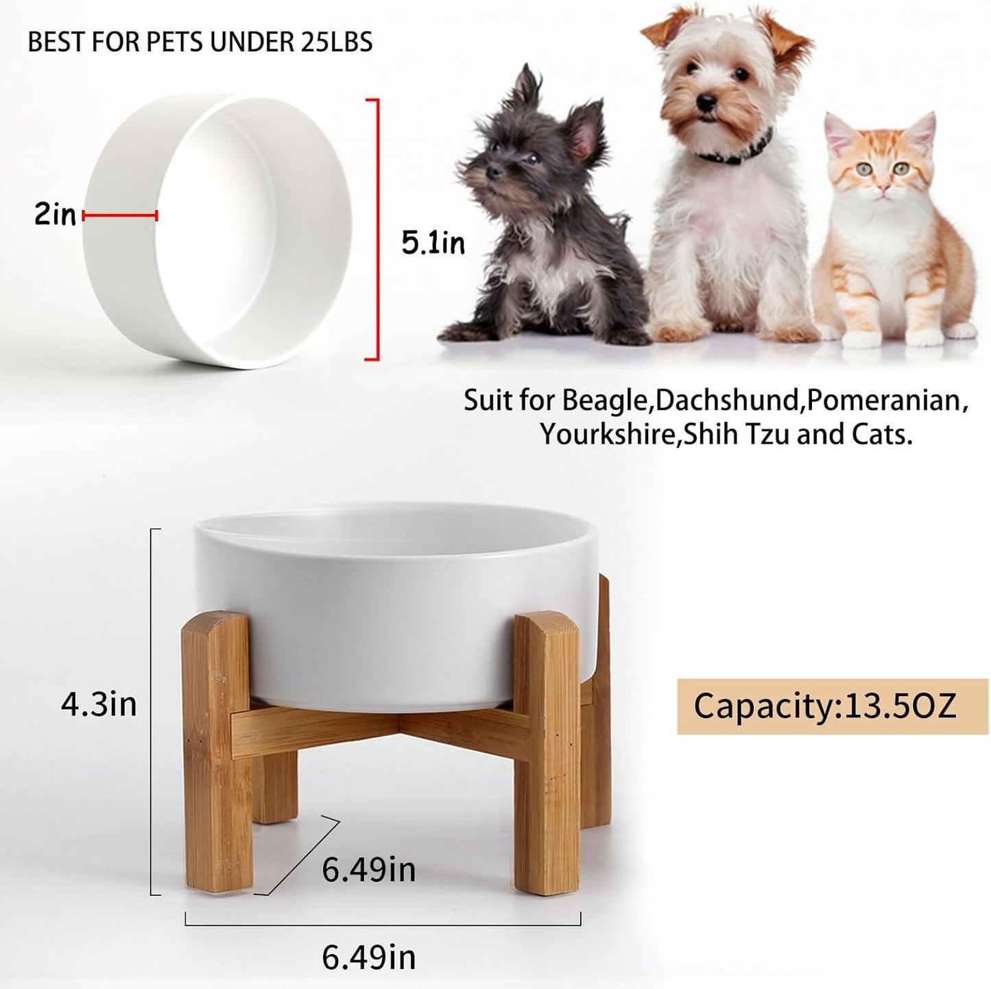 Petygooing White Elevated/Raised Ceramic Dog Bowl for Small Breeds, Dog Food Water Dish with Stand,Pet Feeding Bowl with Anti Slip Rubber for Cats and Small Dogs Puppy 13.5 OZ (5.1In / 1.7 Cups)