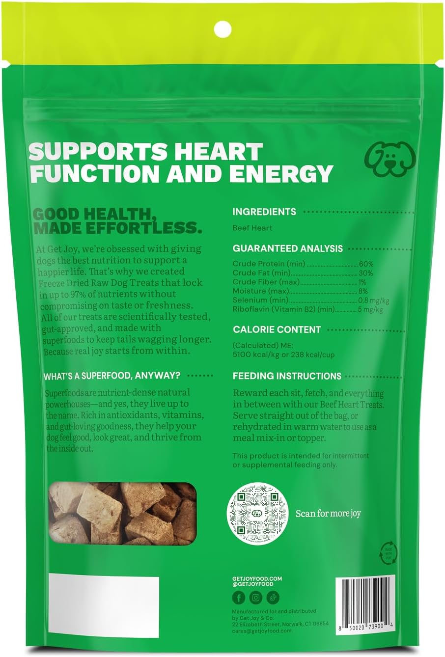 Get Joy Freeze Dried 100% Beef Heart Dog Treats, 4oz | Single Ingredient Organ Meat, High Protein Raw Dog Food Topper, Snack & Training Rewards | Grain Free, Gluten Free, Filler Free
