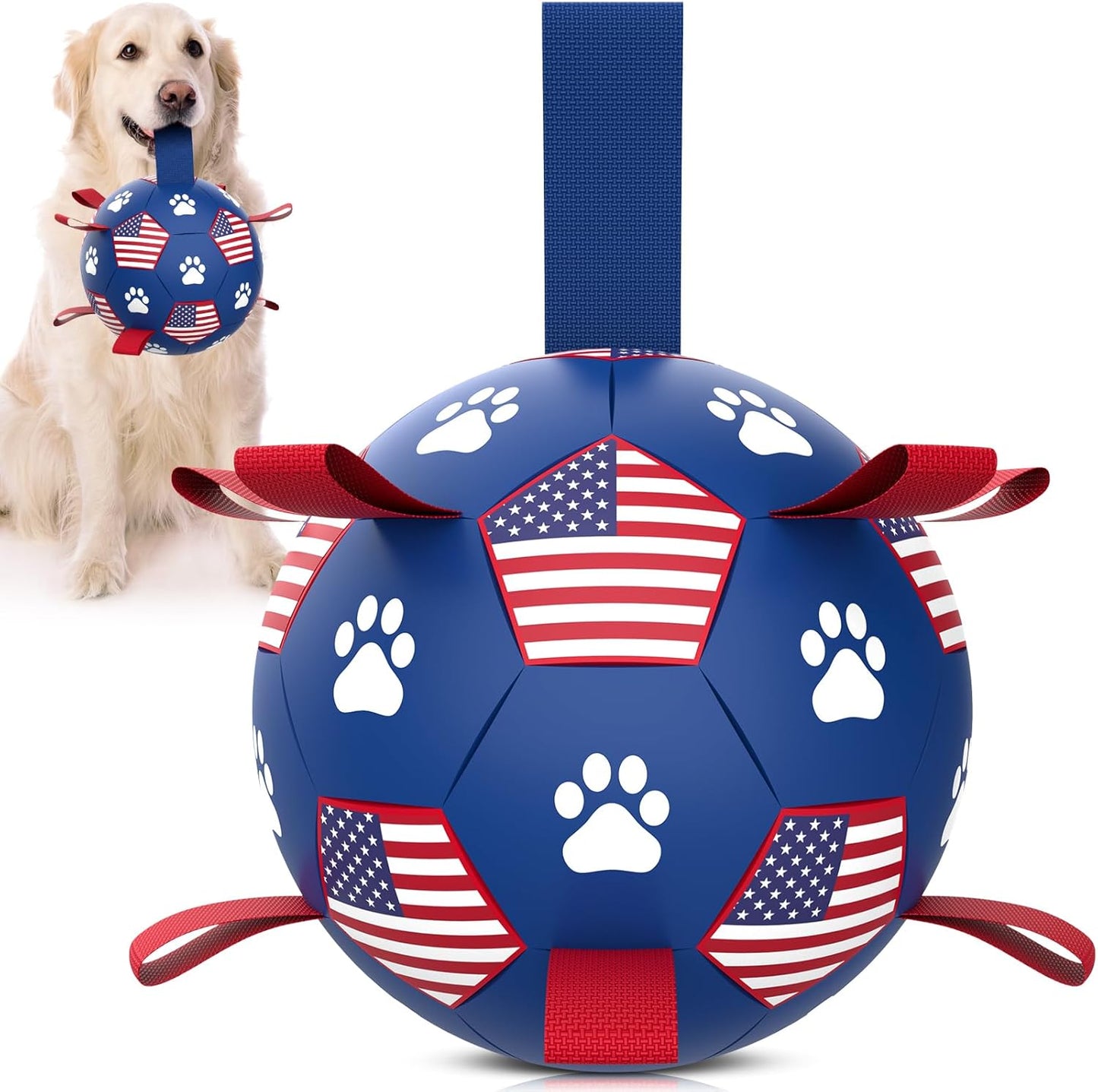 QDAN Dog Toys Soccer Ball with Straps, Durable Balls for Large Dogs, Beach Pool Dog Water Toy, Puppy Dog Birthday Gifts (8 Inch)
