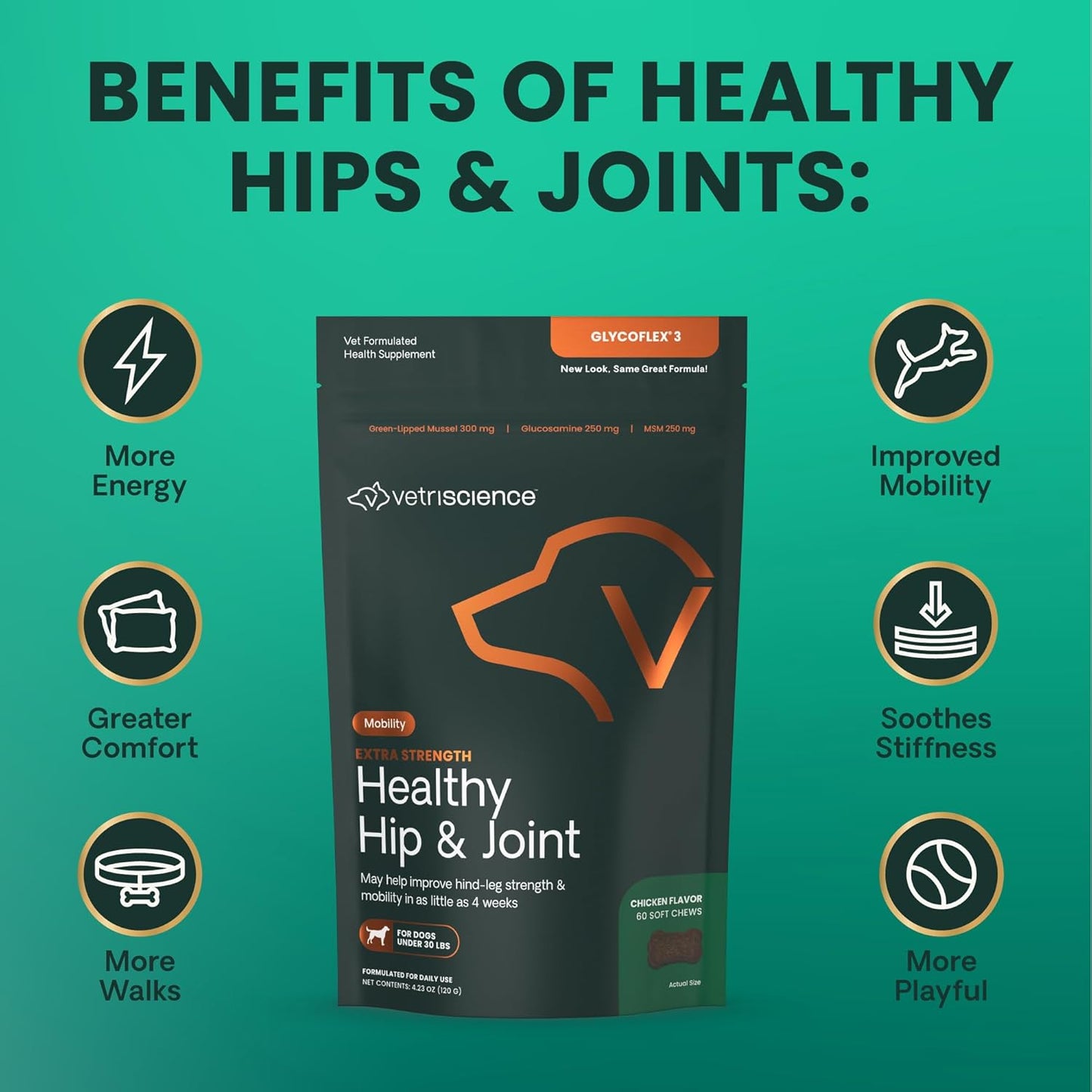 VetriScience Glycoflex 3 Clinically Proven Hip and Joint Support Supplement for Small Dogs - Maximum Strength Dog Supplement with Glucosamine, MSM, Green Lipped Mussel & DMG - 60 Chews,Chicken Flavor