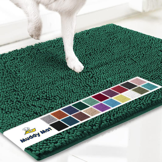 Muddy Mat® AS-SEEN-ON-TV Highly Absorbent Microfiber Door Mat and Pet Rug, Non Slip Thick Washable Area and Bath Mat Soft Chenille for Kitchen Bedroom Indoor and Outdoor - Dark Green 24" x 72"