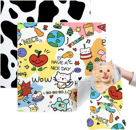 Cat Grooming Wrap, 2pcs [XL] Cat Restraint Wrap for Nail Clipping, Ear Cleaning, and Teeth Brushing, Self-Adherent, Anti-Bite, Anti-Scratch, Anti Scratch, Cow White+Colorful Graffiti