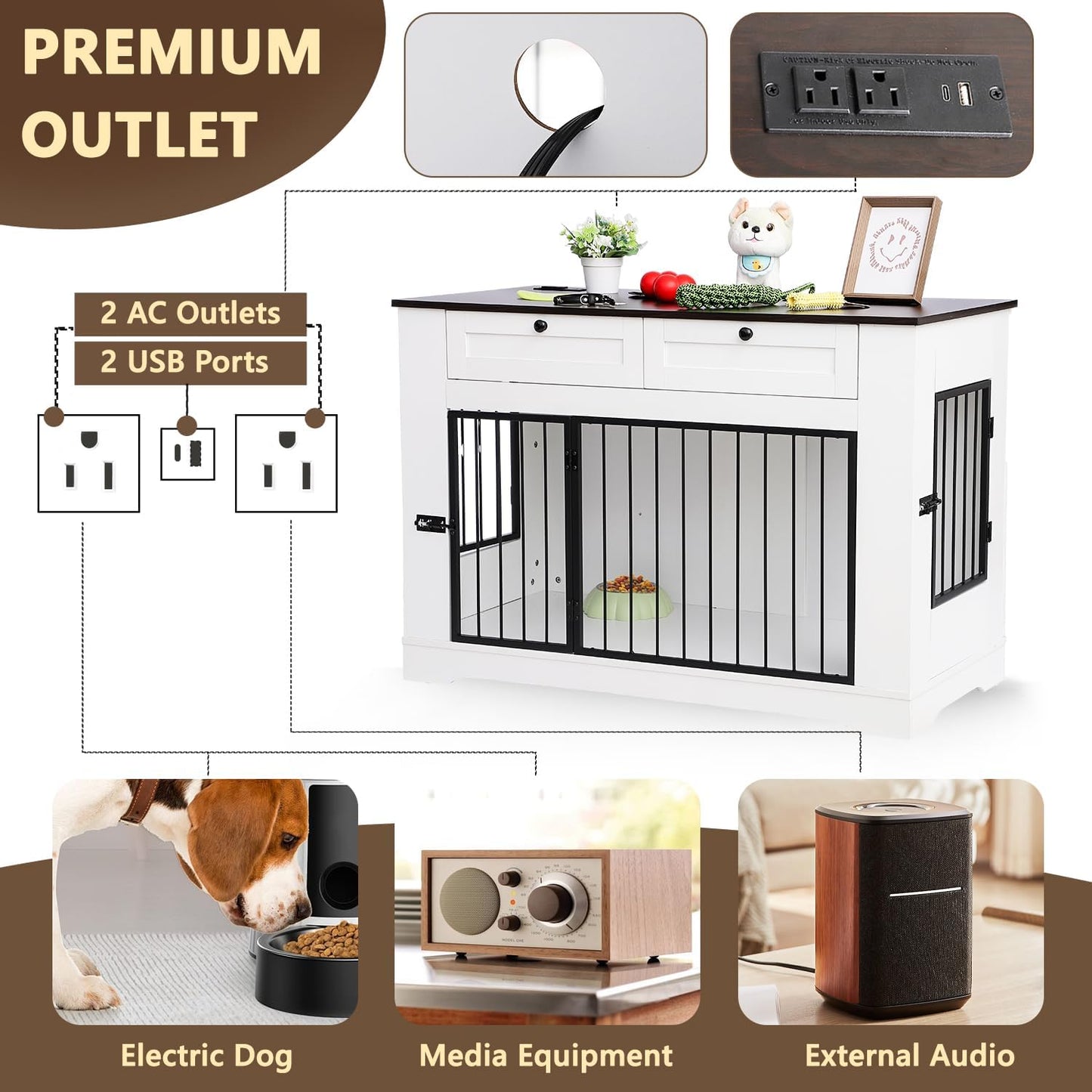 Large Dog Crate Furniture-Decorative Heavy Duty Dog Cage Indoor, Wooden Dog Cage End Table with Charging Station, Dog House with 2 Drawers (White, 47.2''L)