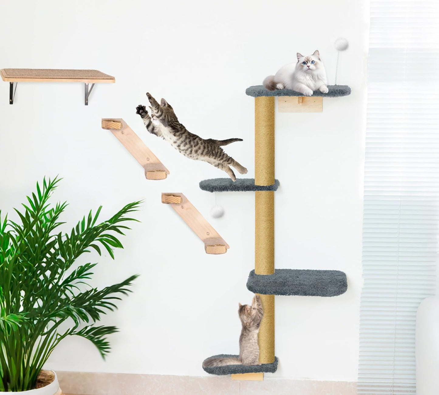 Wall Mounted Cat Wall Shelves and Climbing Tree for Kittens, 4-Tier Adjustable Cat Furniture for Indoor Cats Under 30lbs, with Grey Plush Platforms
