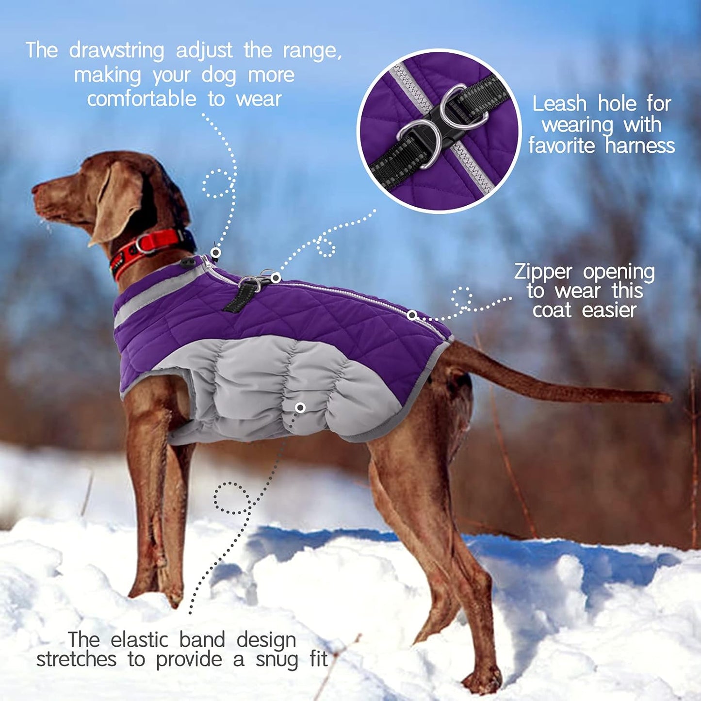 FUAMEY Dog Coat for Large Dogs,Waterproof Dog Winter Jacket with Harness Built in Puppy Cold Weather Coats Reflective Pet Vest with Zipper Warm Fleece Dogs Snowsuit Windproof Purple L