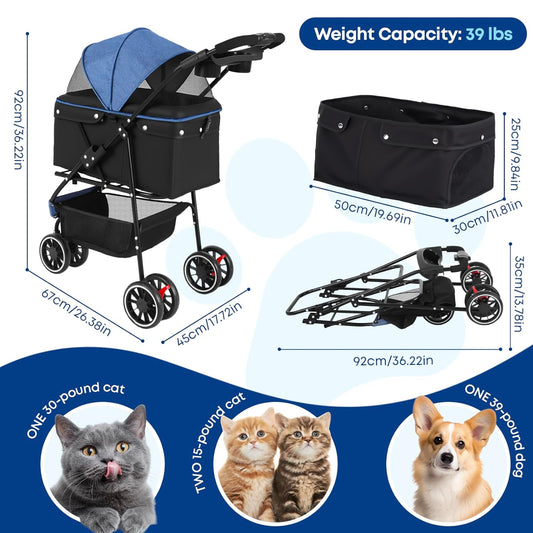 Pet Stroller,Dog Stroller for Small Medium Dogs Cats,3 Wheels,Foldable,with Breathable Mesh Canopy,Cup Holders,Easy Assembly,Blue+Black