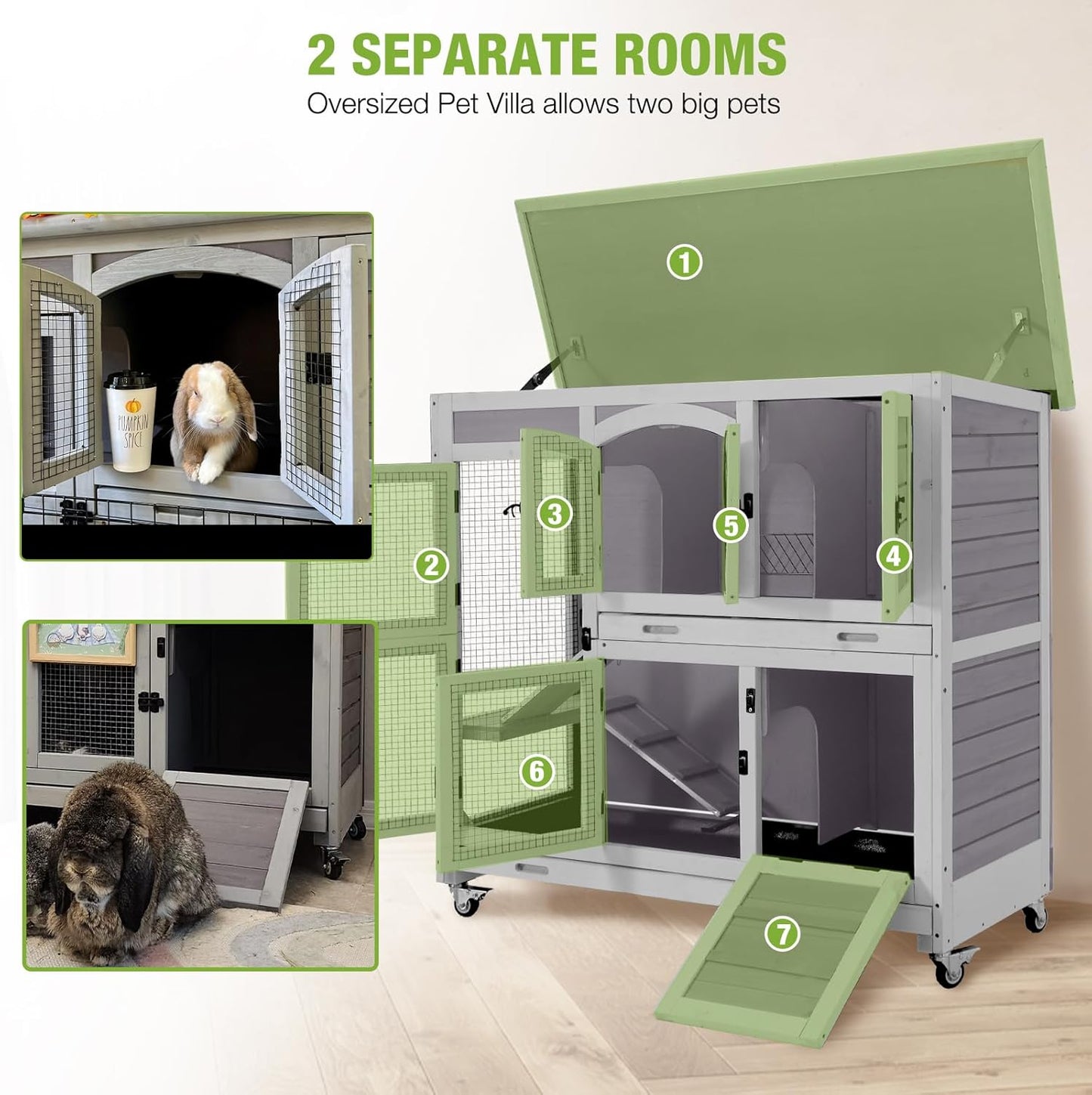 GUTINNEEN Large Rabbit Hutch Indoor with Chew-Proof Ramp, 47" Wooden Bunny Cage Guinea Pig Cages with Casters, Leak-Resistant Trays for Rabbits, Guinea Pigs, Small Animals