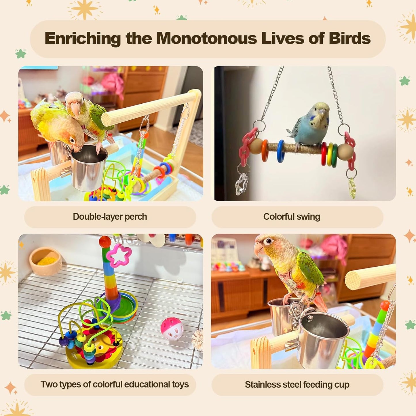 Mini Wood Bird Playground Birds Perch Stand Desktop Parrot Play Stand Parrot Tree with Feeder Cups Hanging Swing Toys and Foraging Toys Parakeet Play Gym for Budgie Cockatiel Conure Lovebird
