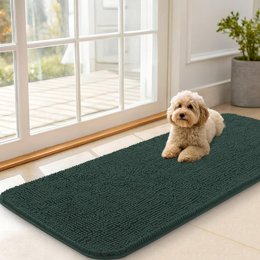 OLANLY Dog Door Mat for Muddy Paws 47x20, Absorbs Moisture and Dirt, Absorbent Non-Slip Washable Doormat, Quick Dry Chenille Mud Mat, Entry Indoor Entryway Carpet for Inside Floor, Blackish Green