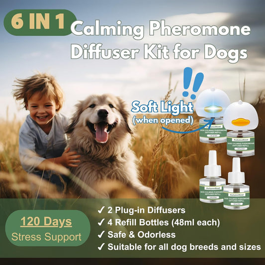 Dog Pheromone Calming Diffuser Kit, Pet Diffuser Kit (2 Plug-in + 4 Packs 48ml Refill) for Stress Support, Helps Reduce Barking & Aggression, 120 Day Supply (Non-Toxic, Safe & Inedible)