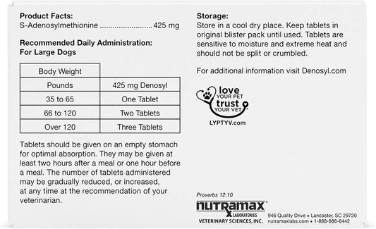 Nutramax Laboratories Denosyl Liver and Brain Health Supplement for Large Dogs, With S-Adenosylmethionine (SAMe), 30 Tablets