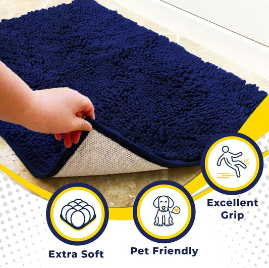 Muddy Mat® AS-SEEN-ON-TV Highly Absorbent Microfiber Dog Door Mat and Pet Rug, Non Slip Thick Washable Area and Bath Mat Soft Chenille for Kitchen Bathroom Bedroom and Indoor- Navy Blue Runner 24"X60"