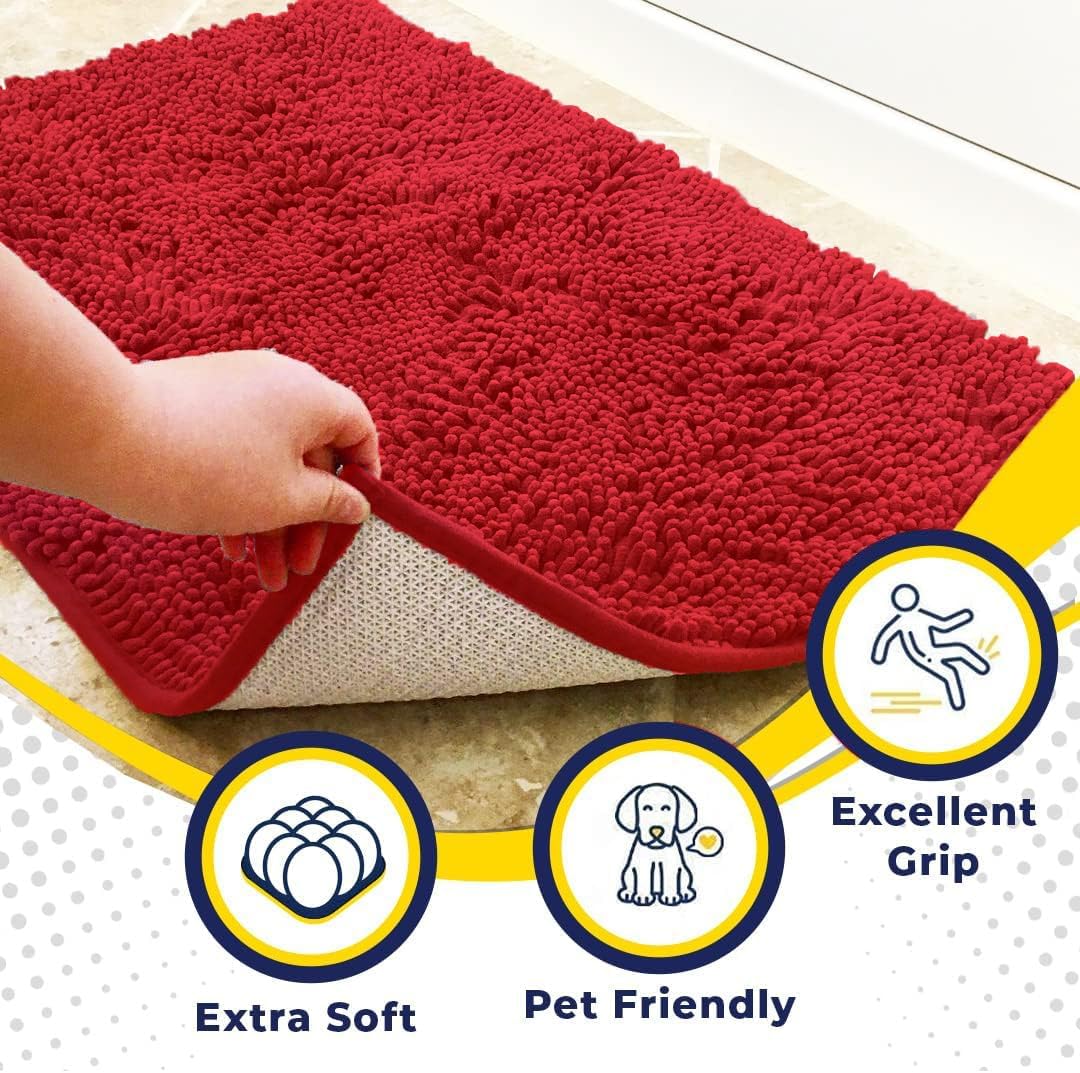 Muddy Mat® AS-SEEN-ON-TV Highly Absorbent Microfiber Door Mat and Pet Rug, Non Slip Thick Washable Area and Bath Mat Soft Chenille for Kitchen Bathroom Bedroom Indoor and Outdoor - Red 5ft x 7ft