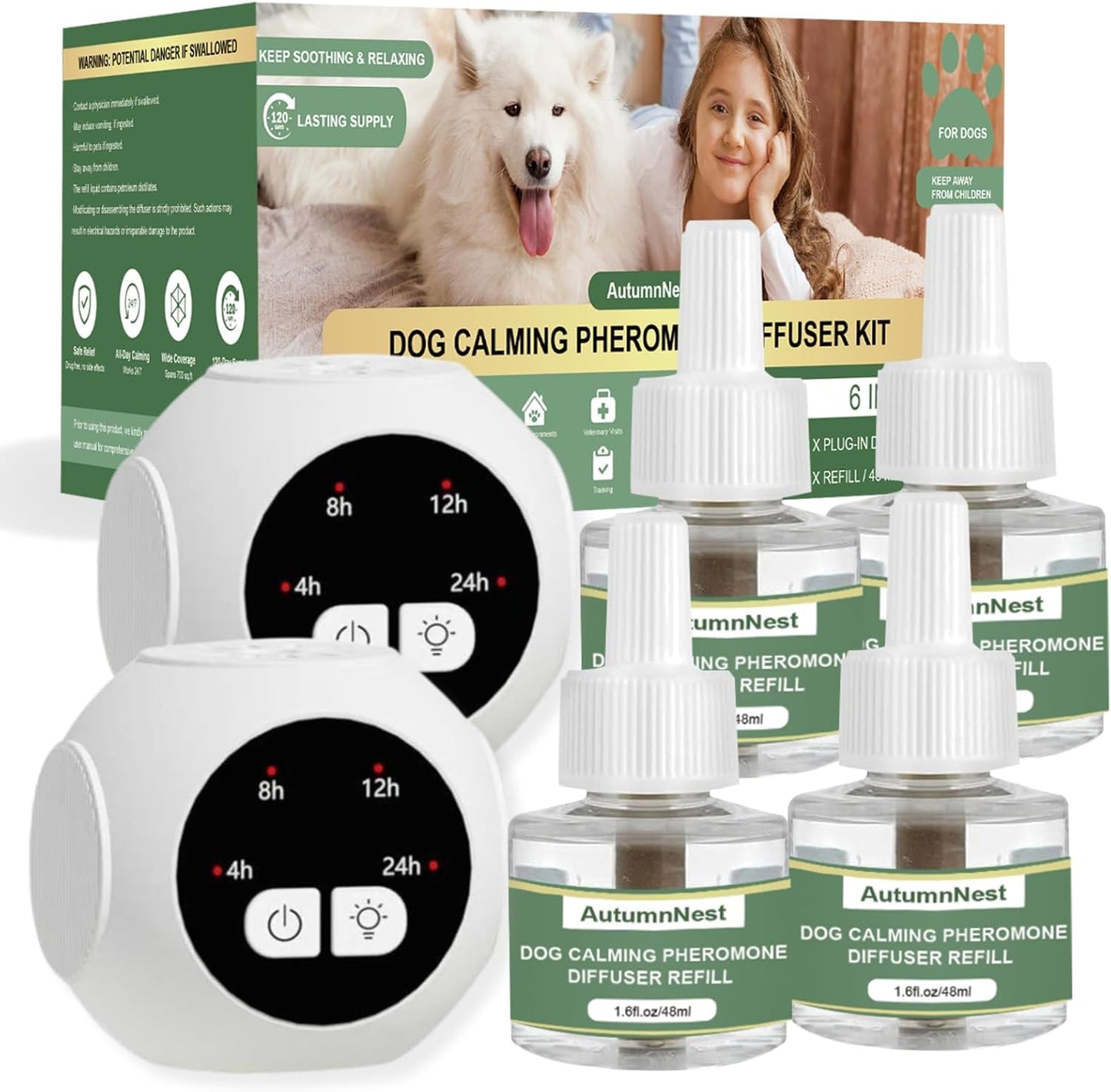 Dog Calming Pheromone Diffuser Kit with Timer – 2 Plug-Ins + 4 Refills – Smart 4-Level Timing Calming Aid – Stress Relief for Dogs – Help with Anxiety, Barking, Fighting, Thunder, Travel, Vet Visits