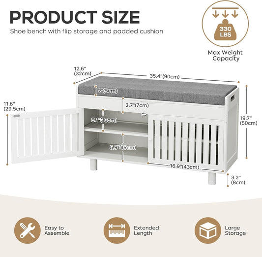 Storage Bench, Bamboo Shoe Bench with Padded Seat Cushion & 2 Doors, 2-Tier Entryway Bench with Lift Top Hidden Storage, 35.4" W x 12.6" D x 19.7" H, Shoe Rack Cabinet for Entryway, Living Room, White