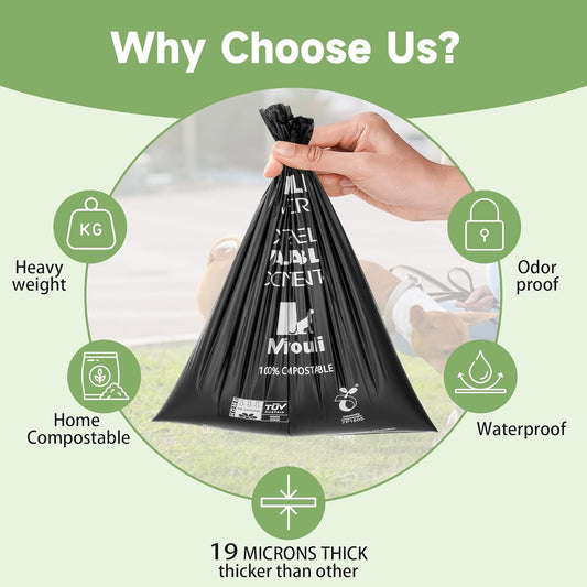 Certified Compostable Poop Bags for Dogs, 240 Poop Bags (16 Rolls),Landfill Friendly, Leak Proof Unscented Easy Open Poop Waste Bag（Black）